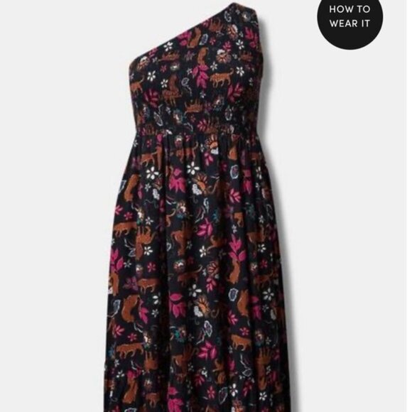 Torrid Midi Challis One-Shoulder Dress  Leopard Leaves Deep Black.   Make Offer! - Picture 2 of 4
